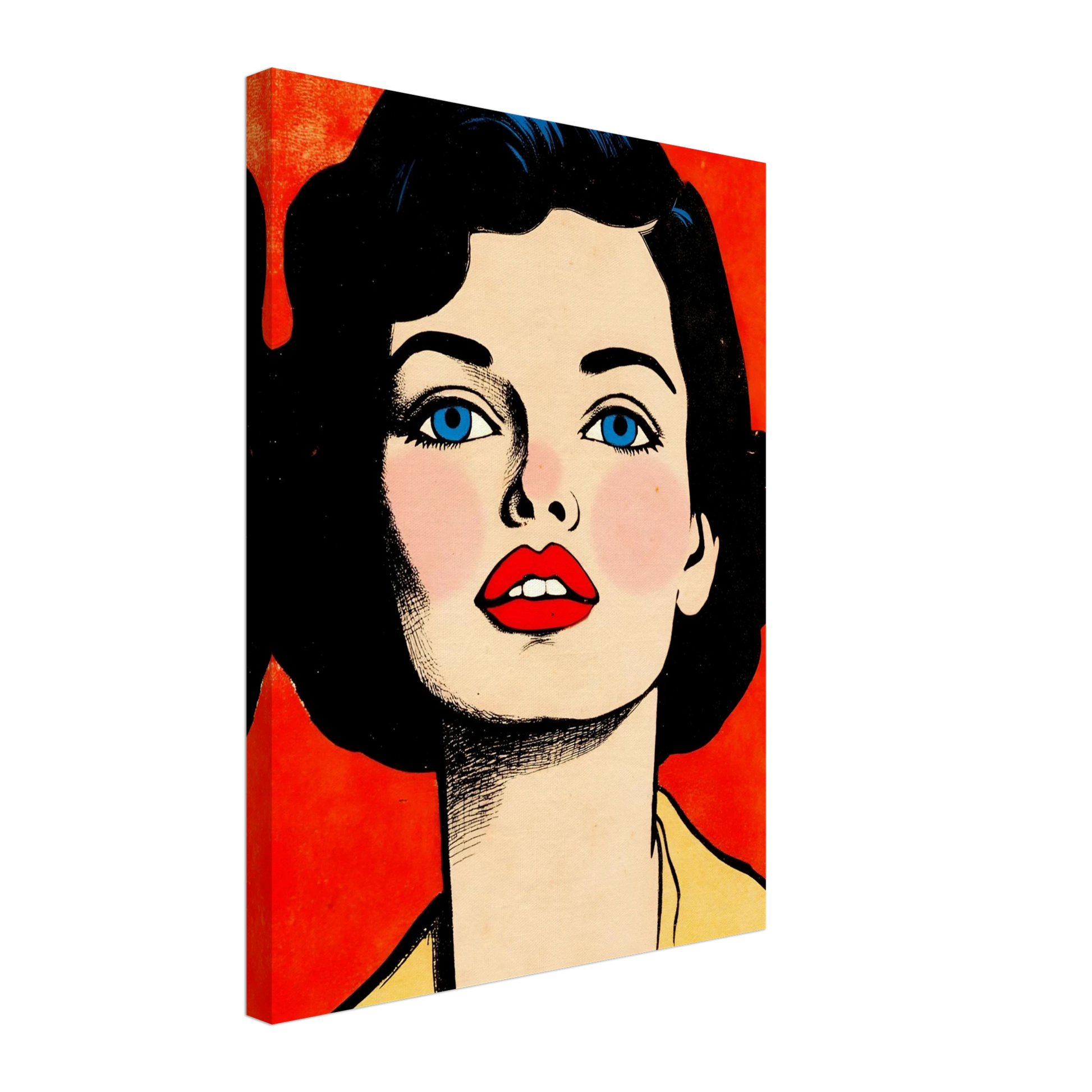 A striking vintage-inspired portrait features a woman with blue eyes, crimson lips, and dark hair against a vivid red backdrop.