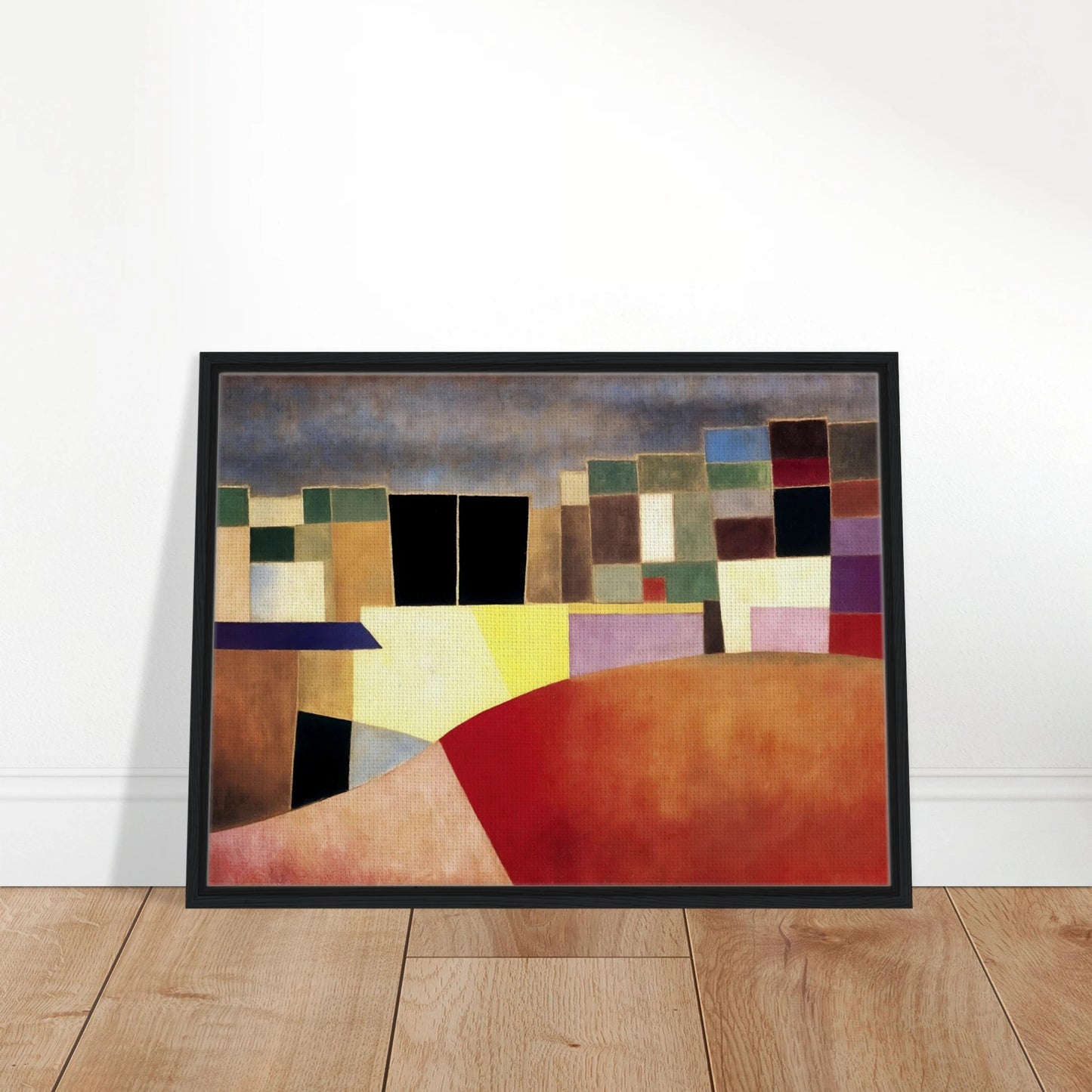 A colorful grid of geometric shapes resembling city buildings under a muted sky, glowing with warm red and yellow tones.