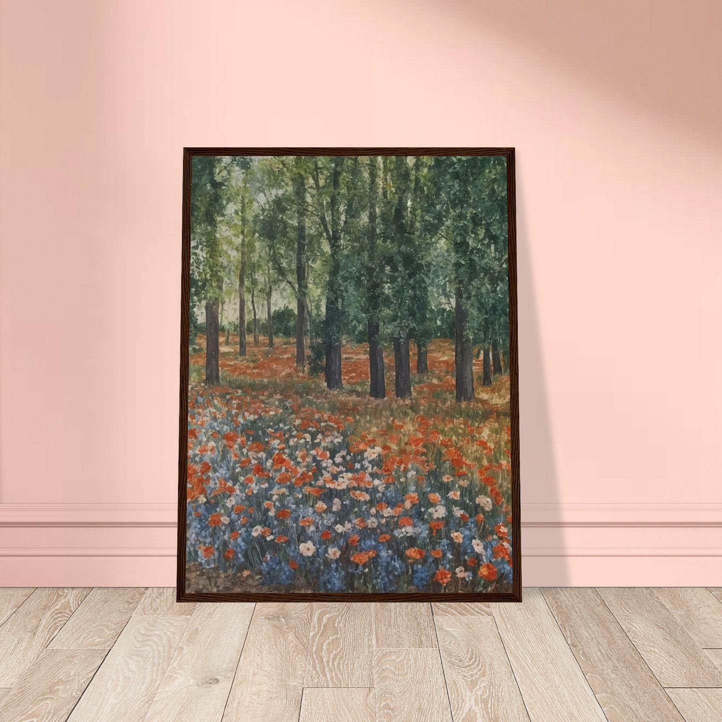 "A tranquil landscape with vibrant orange and blue wildflowers blooming under tall trees, evoking the peacefulness of a forest meadow."