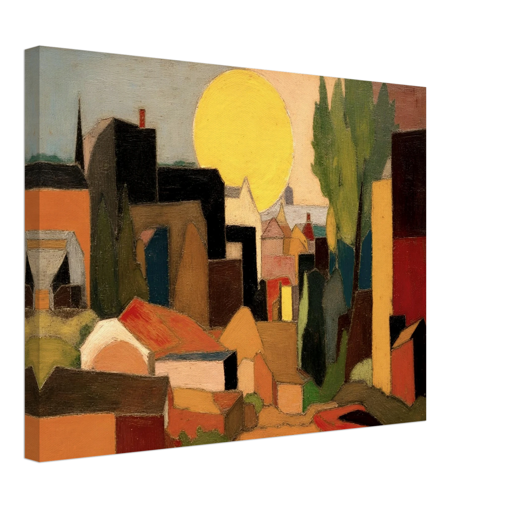 A stylized village landscape featuring geometric houses, tall trees, and a large golden sun rising or setting behind the rooftops in warm earthy tones.