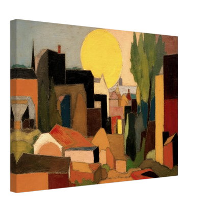 A stylized village landscape featuring geometric houses, tall trees, and a large golden sun rising or setting behind the rooftops in warm earthy tones.