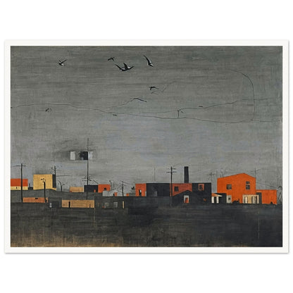 A muted, minimalist townscape with orange and black buildings under a gray sky. Birds are flying overhead, adding a sense of quiet desolation.