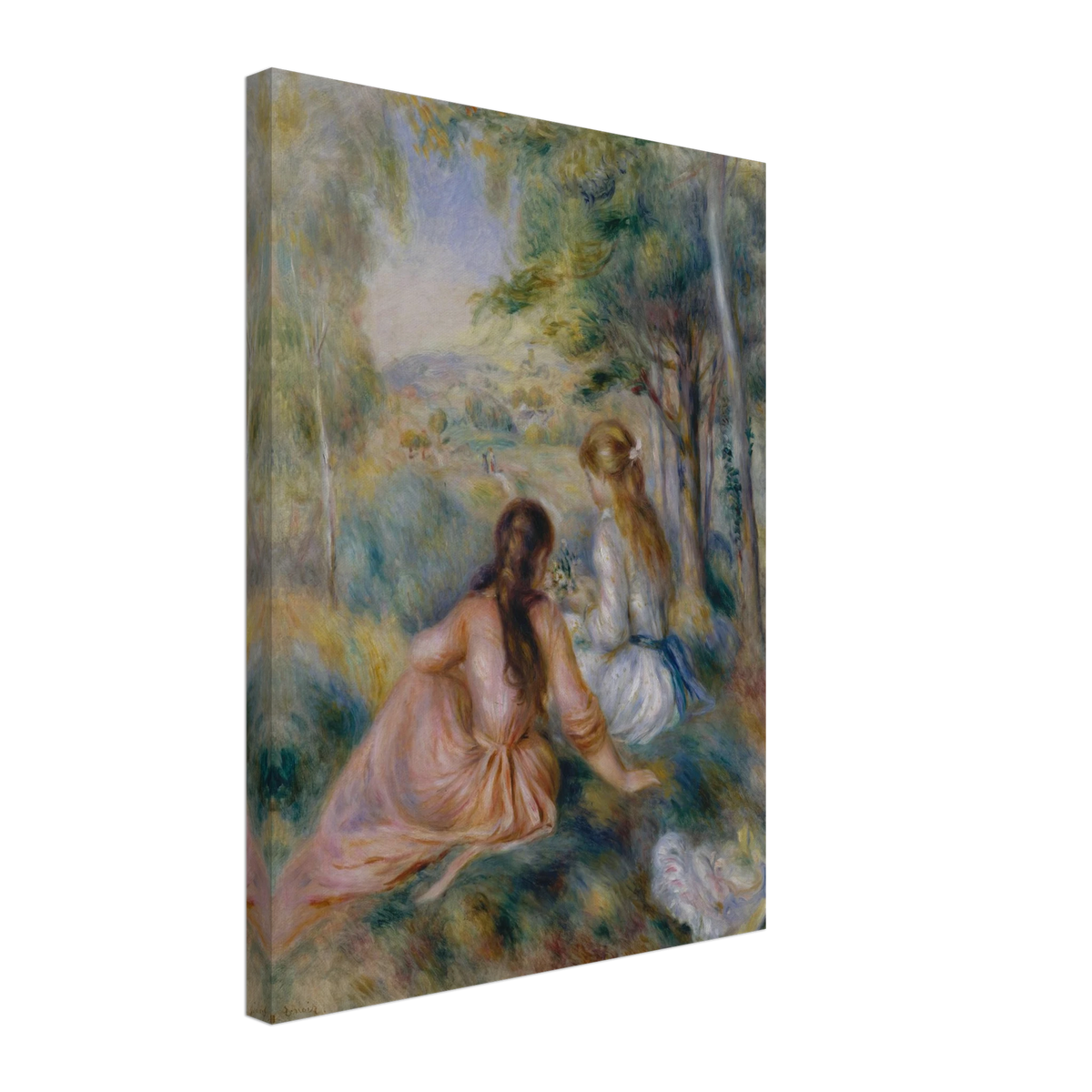 Two girls in pastel dresses sit among trees and flowers in a soft impressionist meadow.