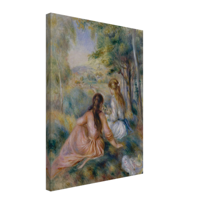 Two girls in pastel dresses sit among trees and flowers in a soft impressionist meadow.