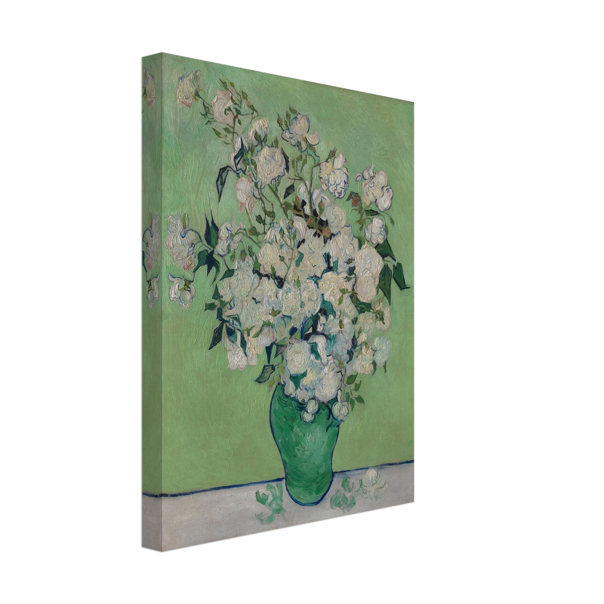 White roses bloom in a green vase against a pale green background with thick brushwork.