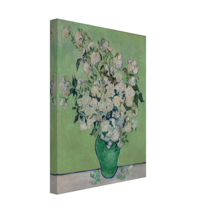 White roses bloom in a green vase against a pale green background with thick brushwork.