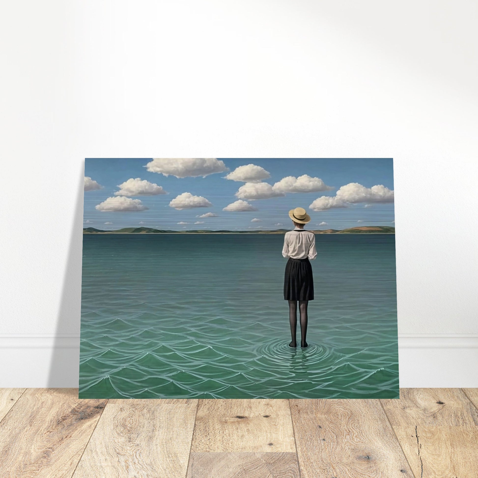 A painting of a woman standing alone in the middle of a calm, vast body of water under a blue sky with scattered clouds.