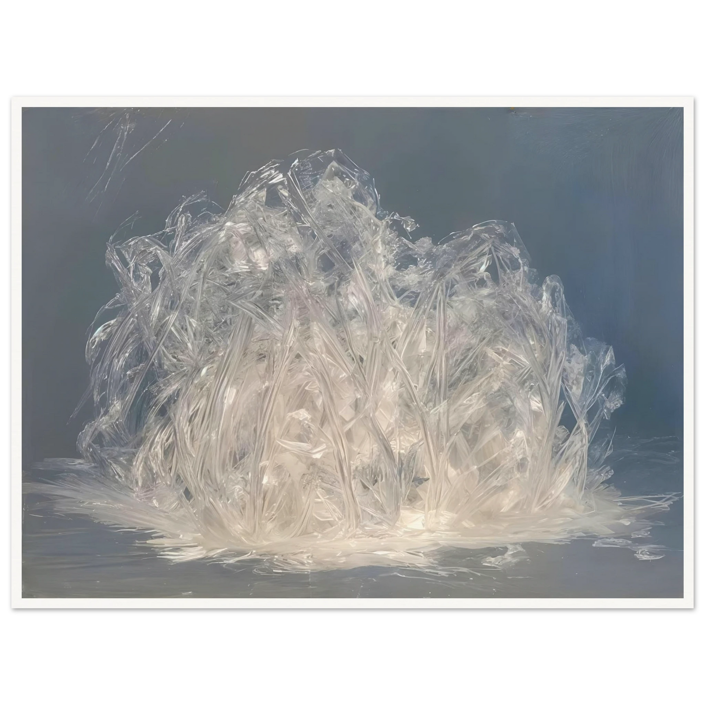 Luminous crystalline strands gather like frozen grass or glass fibers, glowing softly against a cool misty blue-gray expanse.