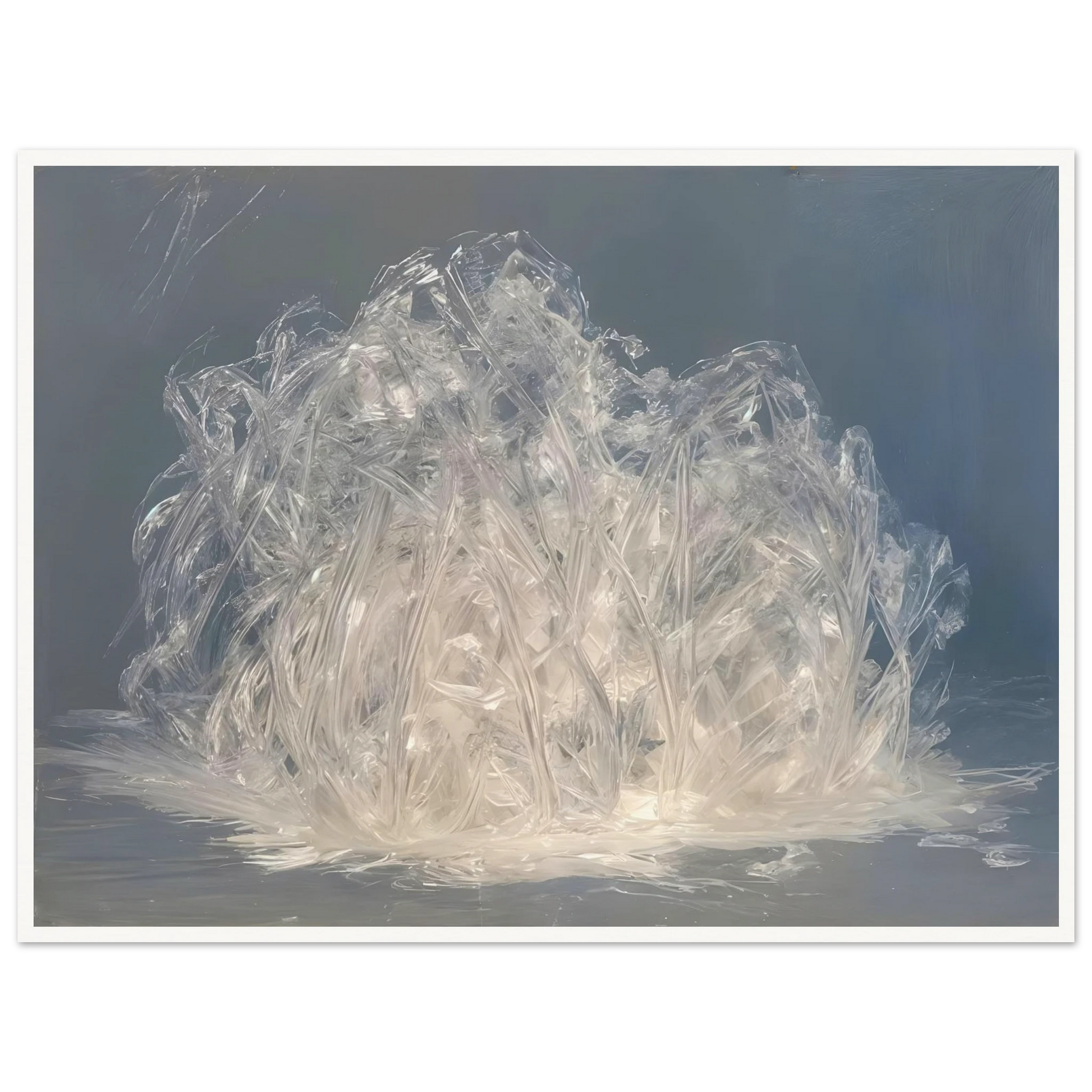 Luminous crystalline strands gather like frozen grass or glass fibers, glowing softly against a cool misty blue-gray expanse.