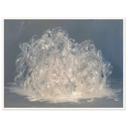 Luminous crystalline strands gather like frozen grass or glass fibers, glowing softly against a cool misty blue-gray expanse.