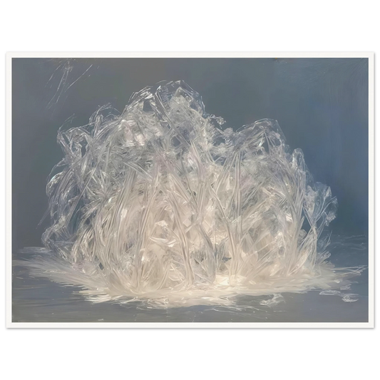 Luminous crystalline strands gather like frozen grass or glass fibers, glowing softly against a cool misty blue-gray expanse.