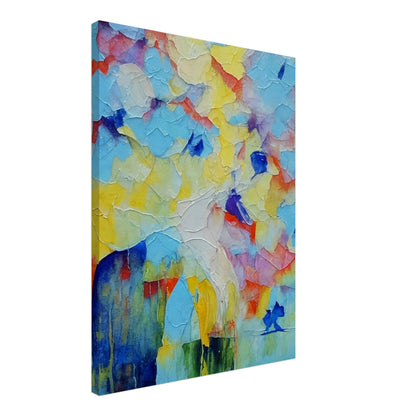 An abstract painting featuring a horse in vibrant colors with a textured, layered background. The use of bold blues, yellows, and reds creates a dynamic and whimsical scene.