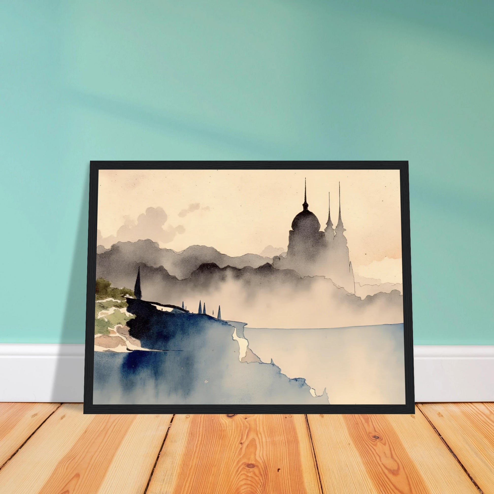 Dreamlike palace silhouette rising from misty hills and cliffs, with watercolor tones evoking mystery and distant lands.