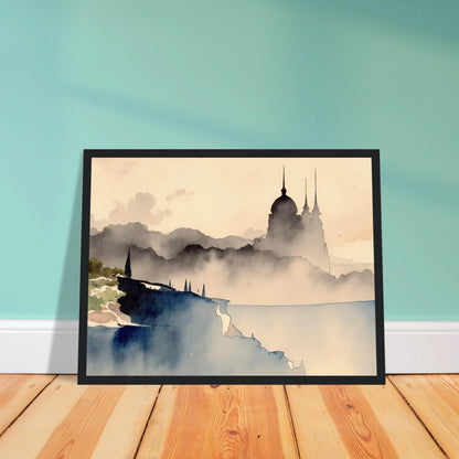 Dreamlike palace silhouette rising from misty hills and cliffs, with watercolor tones evoking mystery and distant lands.