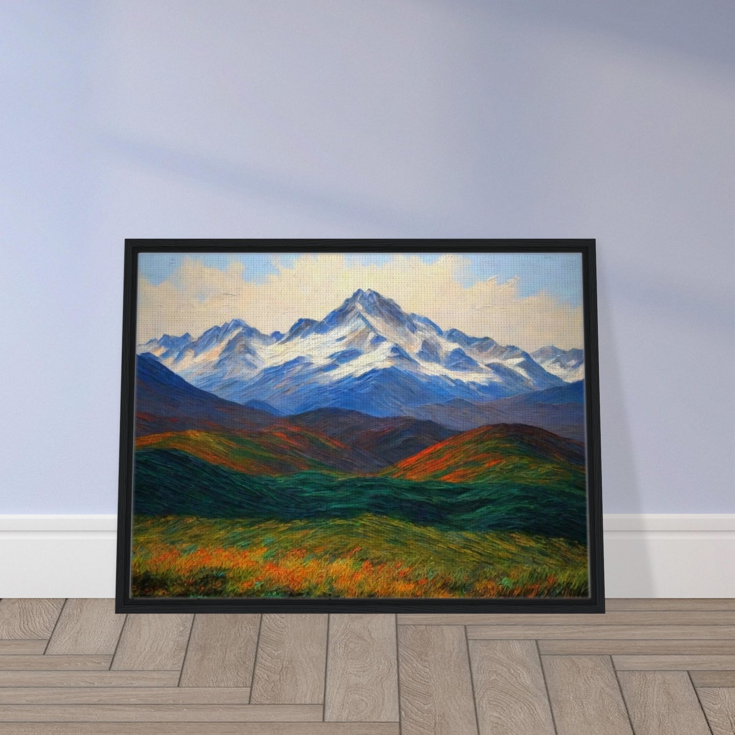 A majestic landscape painting of snow-capped mountains towering over vibrant green and orange fields, under a bright, peaceful sky.