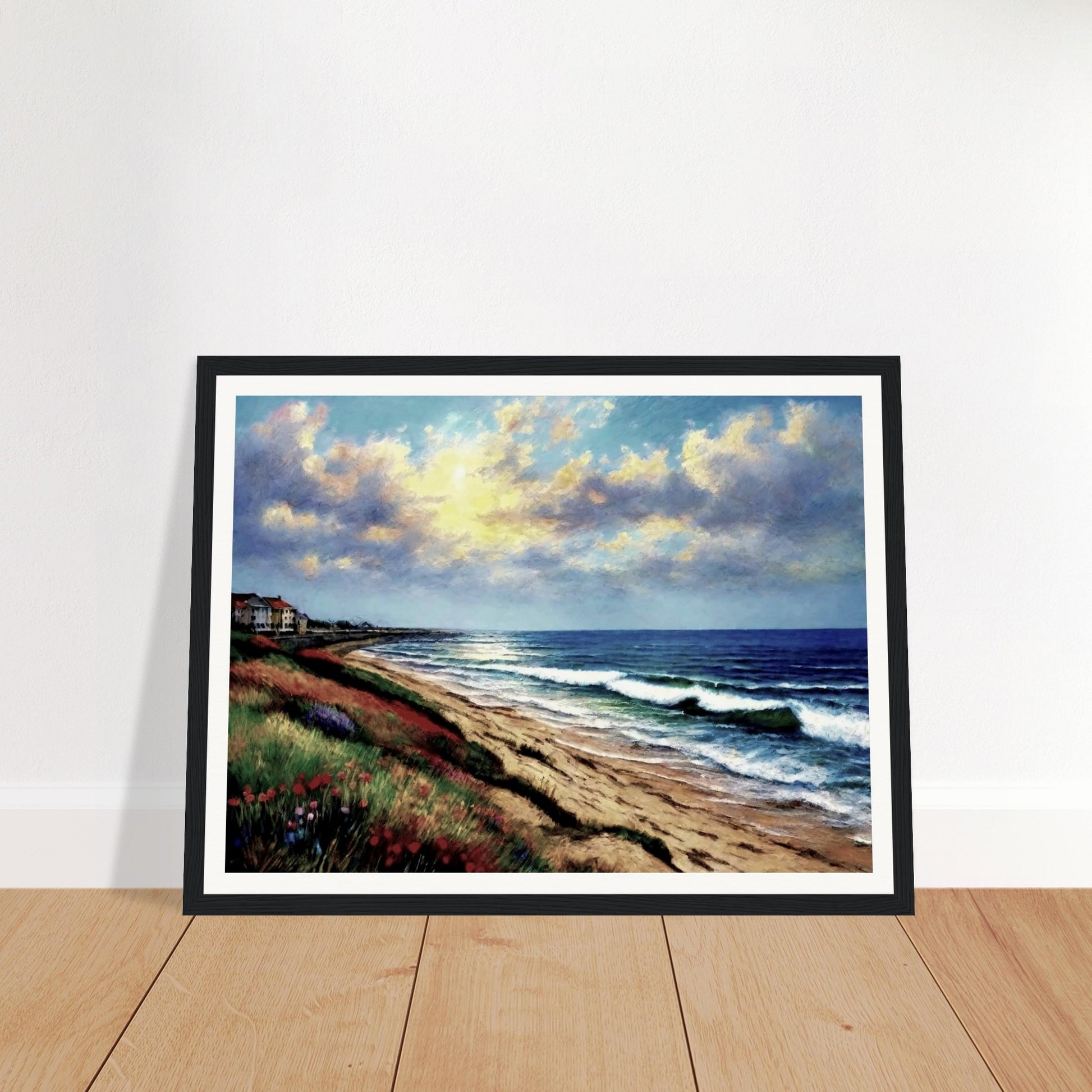 A serene painting of a beach at sunset, with gentle waves rolling onto the sand, vibrant grasses, and houses along the distant coastline.