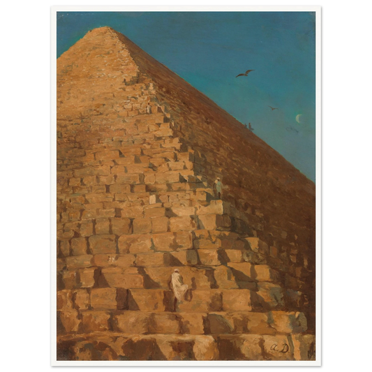 Great Pyramid of Giza rises under a blue sky with birds and tiny figures on the stone blocks