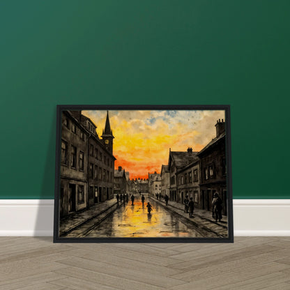 A vintage town street glows beneath a fiery sunset, with wet cobblestones reflecting amber skies and quiet figures walking home.