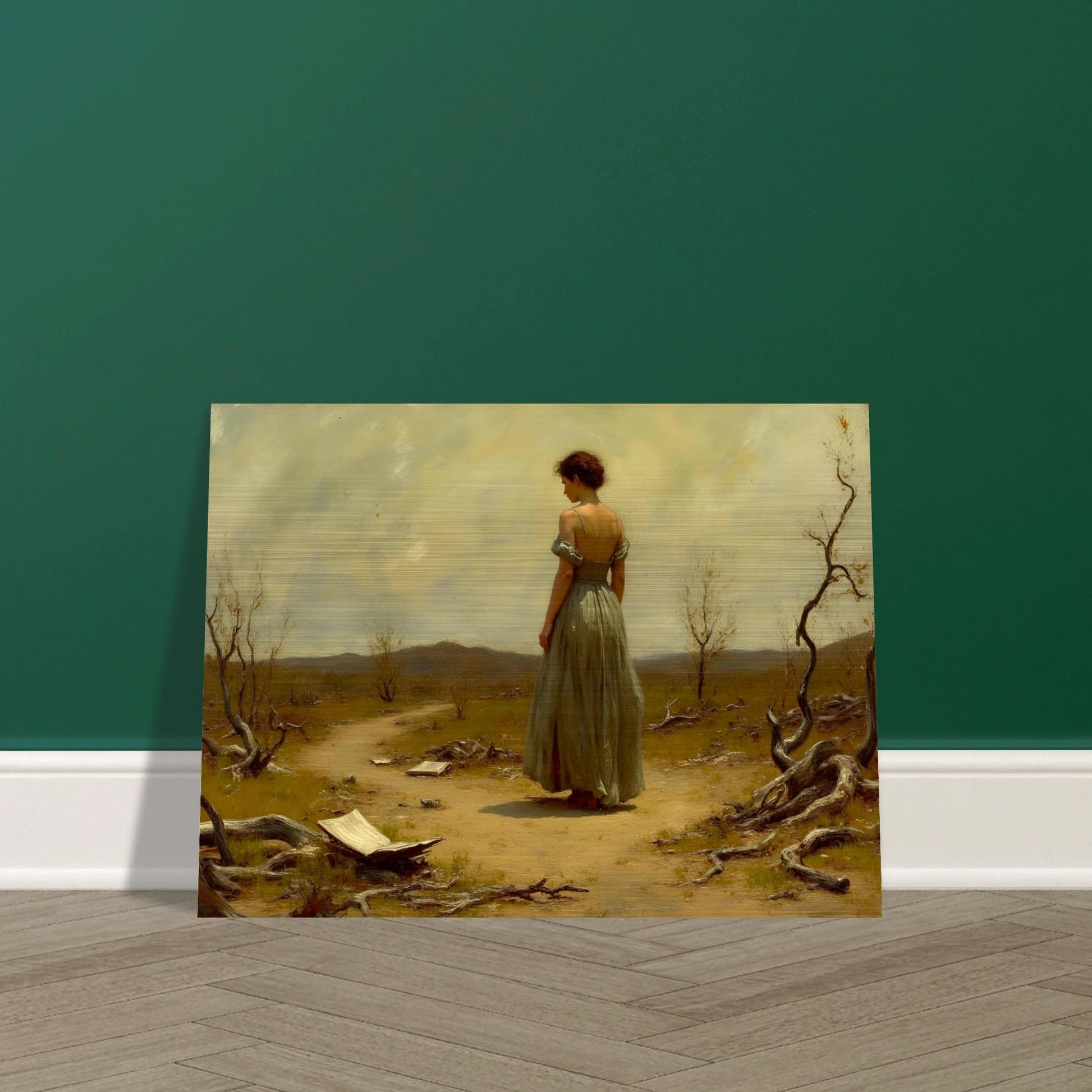 A woman in a flowing dress walks along a desolate path scattered with paper and twisted trees beneath a muted sky.