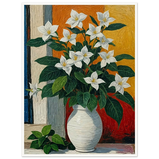 A vibrant painting of white flowers with green leaves in a white vase, placed by a window. The background features warm hues of orange and yellow, adding a touch of warmth to the scene.