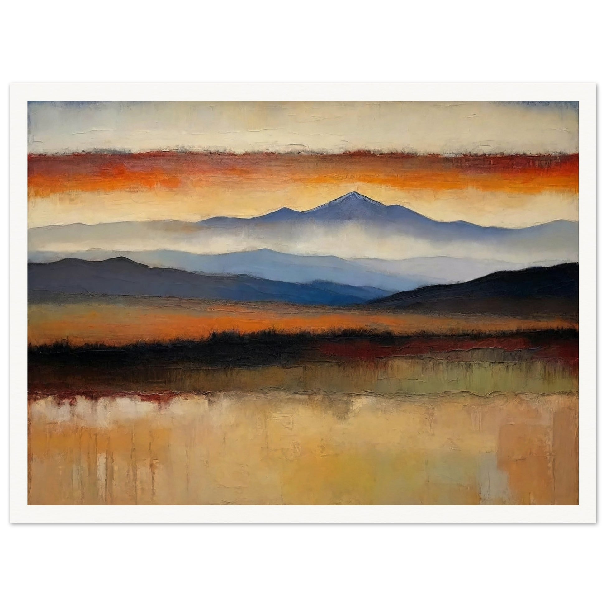 A peaceful painting of a vast landscape with layered mountains in the distance and a colorful sunset sky.