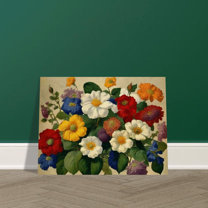 A lush bouquet of multicolored flowers with large, vibrant blooms, set against a soft, neutral background.