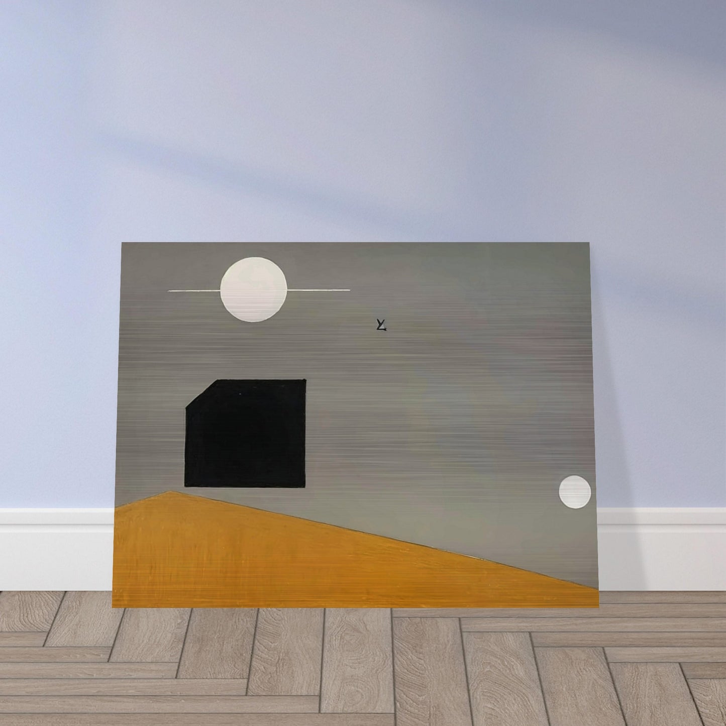 Abstract minimalist painting with geometric shapes against a gradient background, featuring a black square and two white circles.