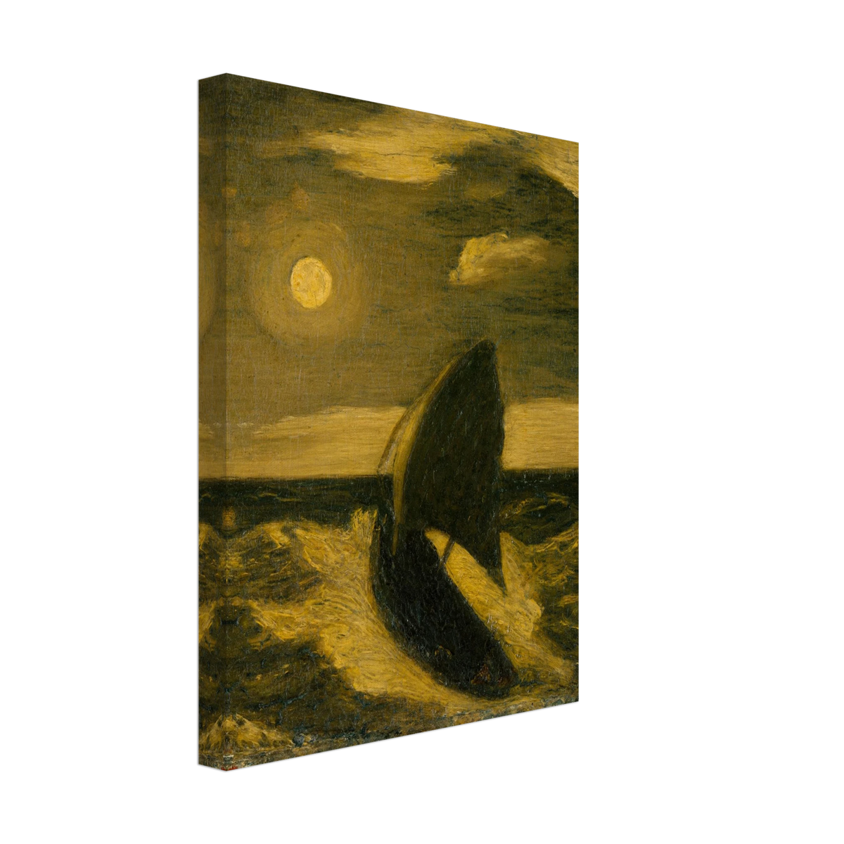 A dark sailboat rides a moonlit sea under golden clouds and a glowing full moon.