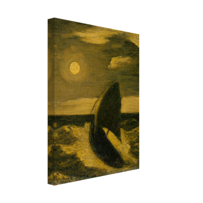 A dark sailboat rides a moonlit sea under golden clouds and a glowing full moon.