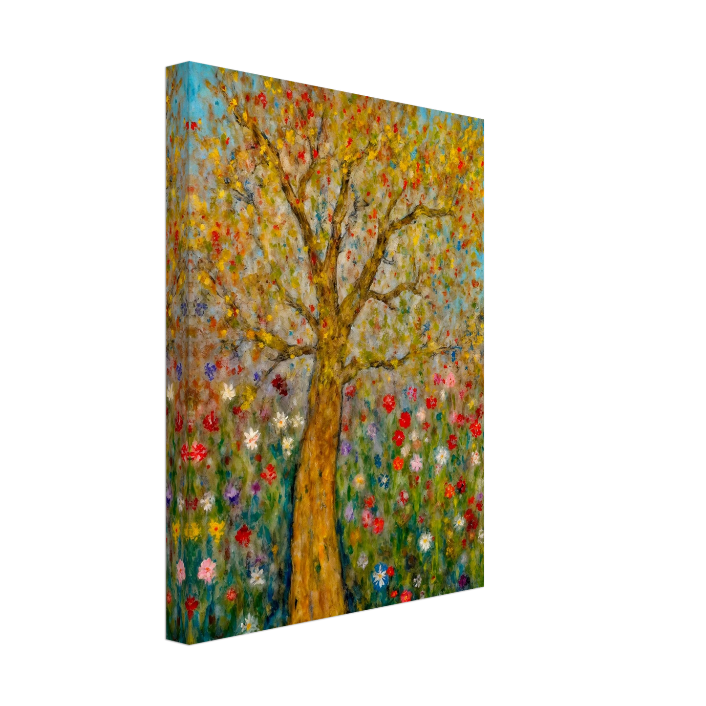 A golden-barked tree stands tall in a vibrant field of blooming flowers, with multicolored petals dancing against a soft blue sky.