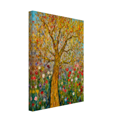 A golden-barked tree stands tall in a vibrant field of blooming flowers, with multicolored petals dancing against a soft blue sky.