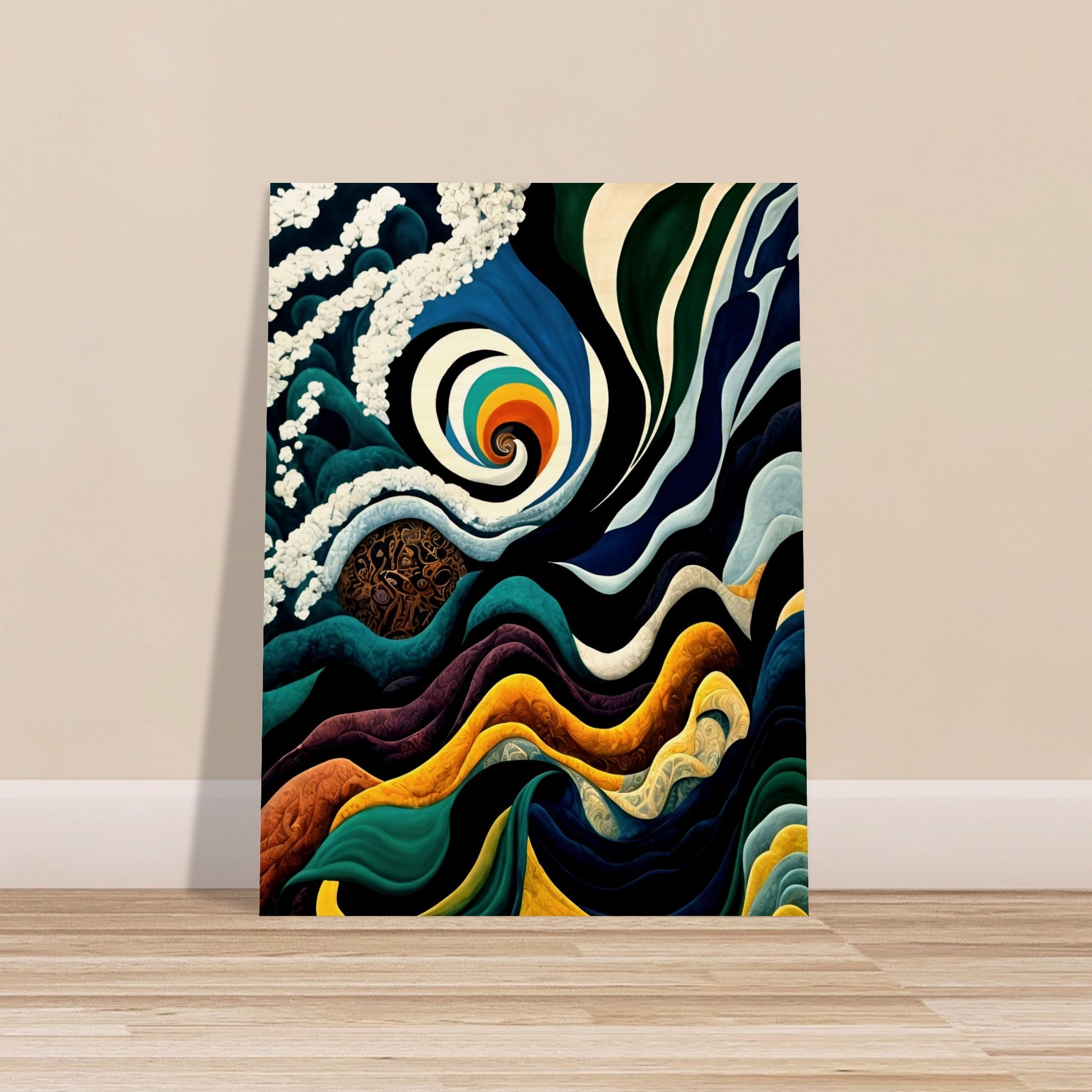 A mesmerizing painting of swirling waves, a spiraling rainbow vortex, and cosmic elements, blending deep blues, golds, and intricate patterns.