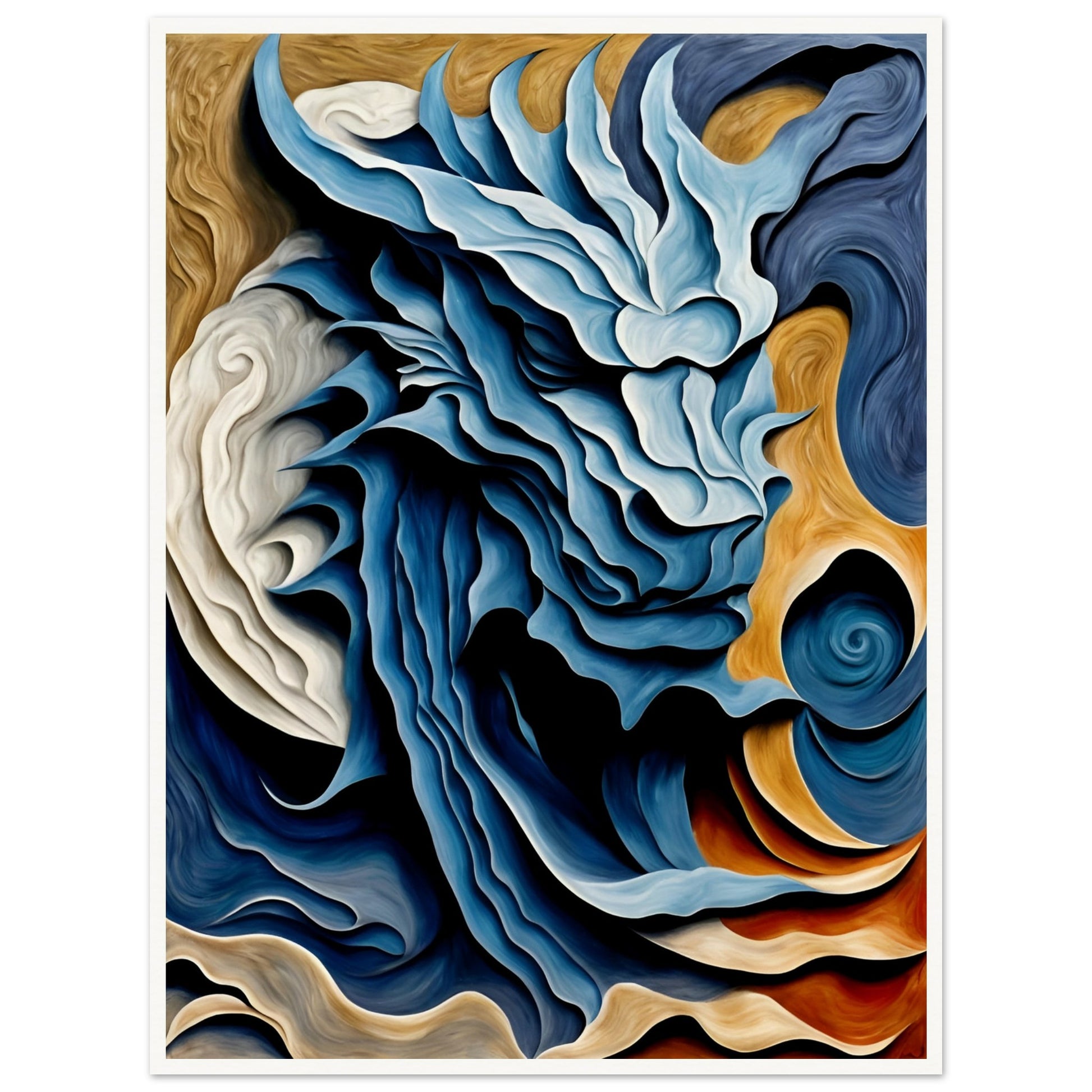 A swirling, dragon-like form emerges in shades of blue, white, and gold, evoking movement, energy, and mythical power.