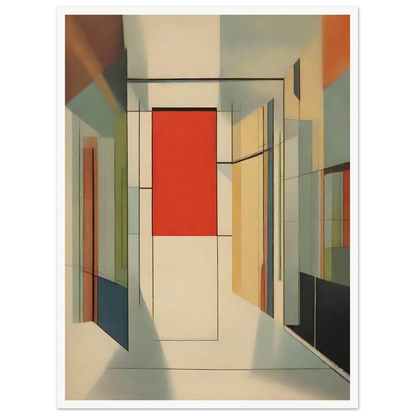 An abstract artwork featuring geometric shapes forming a modern corridor with a prominent red panel at the center, surrounded by muted tones of beige, green, and orange.