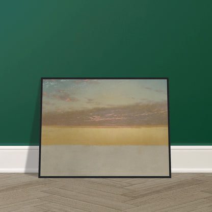 Soft sunset over calm sea with yellow horizon, blue sky, and pink clouds