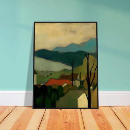 A serene landscape painting depicting a small village with red-roofed houses nestled among trees, set against layered blue-green mountains and a pale sky. Bare tree silhouettes frame the peaceful countryside scene.