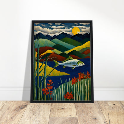 A vibrant fish glides above deep blue waters, surrounded by lush greenery, red flowers, and layered mountains under a glowing moon.