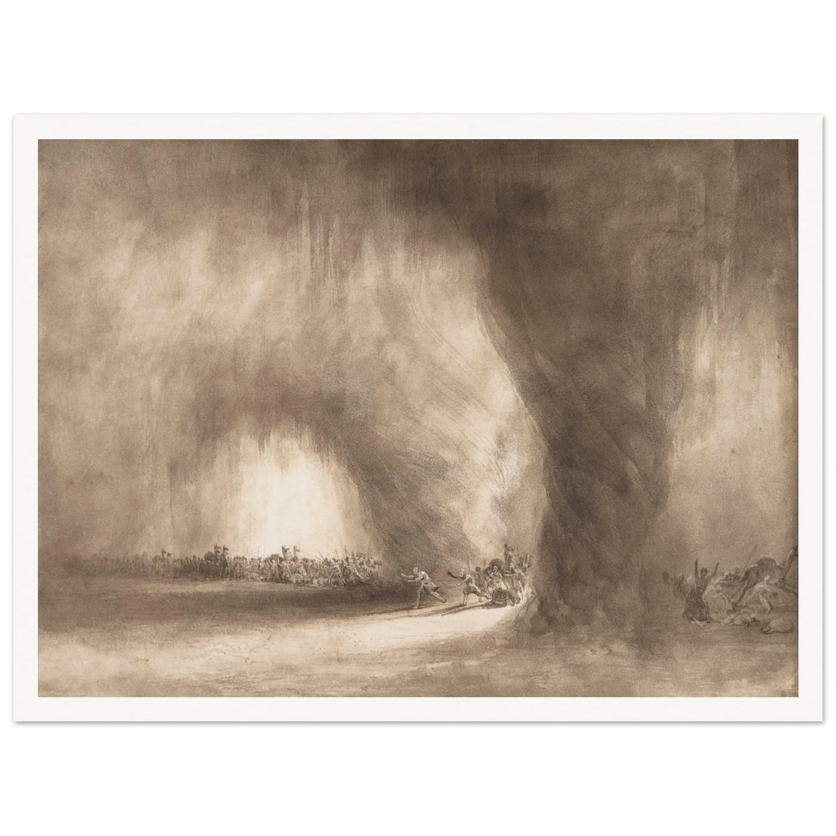 Small figures face a towering storm cloud in a sepia-toned landscape of wind and light.