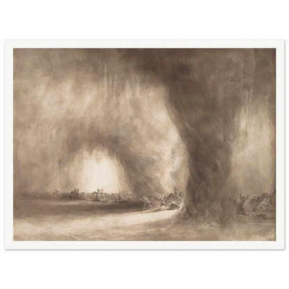 Small figures face a towering storm cloud in a sepia-toned landscape of wind and light.