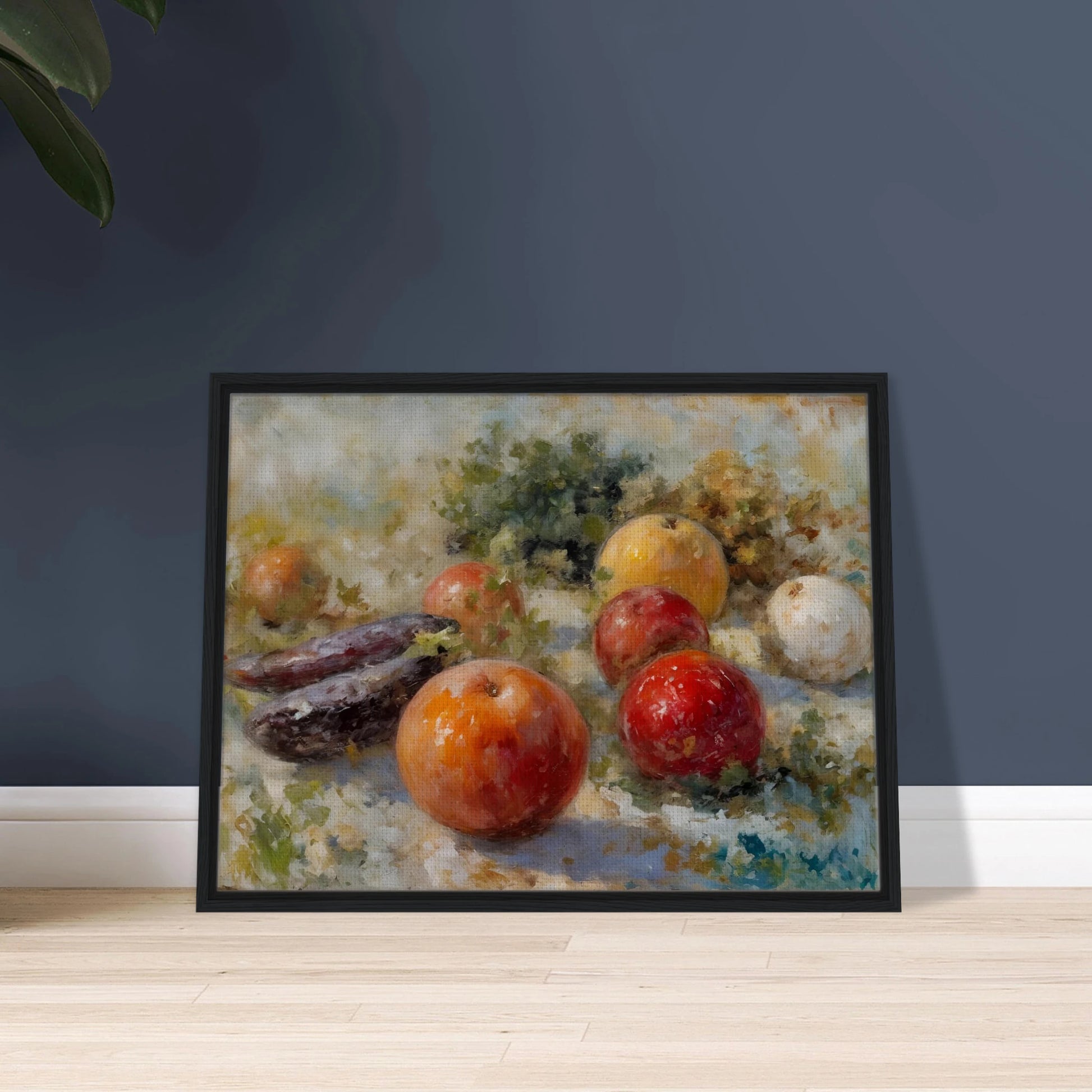 A realistic still life of assorted fruits, including apples, oranges, and eggplants, arranged with leafy greens in soft natural light.