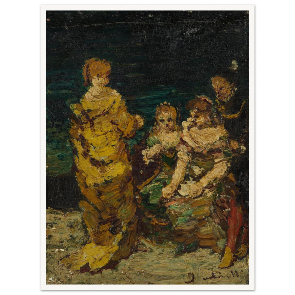 Four figures in rich period dress gather against a dark background with thick expressive brushwork.