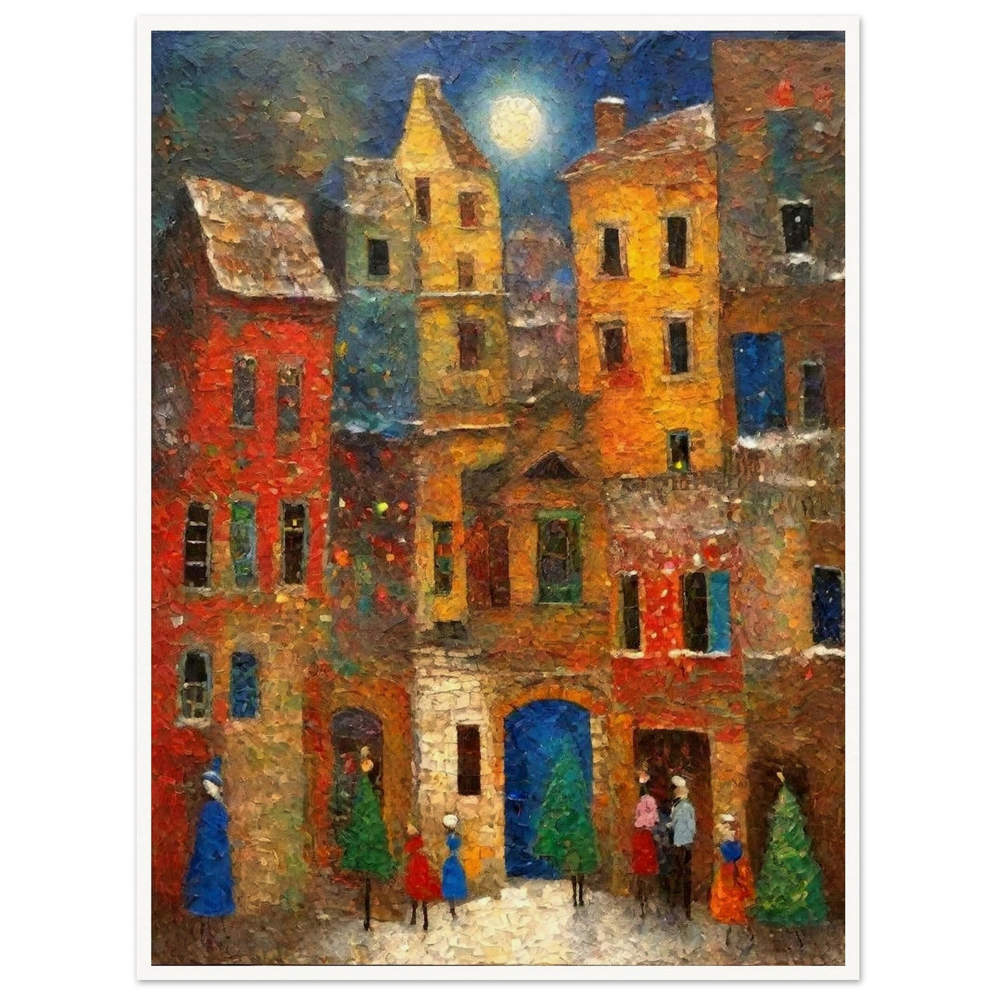 A vibrant village scene under a glowing full moon, with colorful buildings, evergreen trees, and people enjoying a festive atmosphere.

