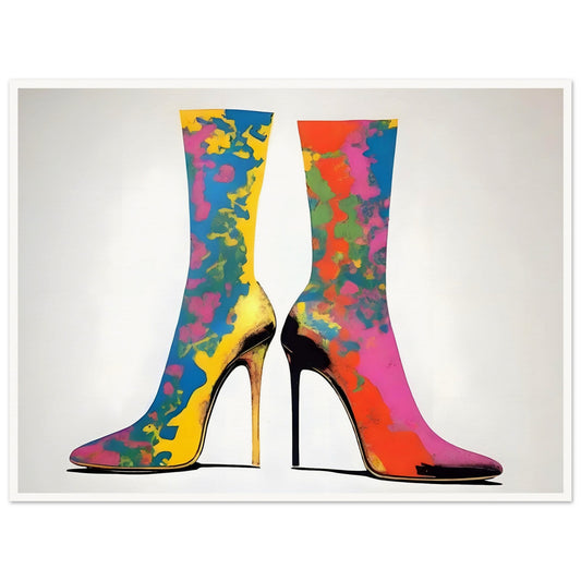 Vibrant high-heeled boots adorned with splashes of bold colors, creating a striking and fashionable design on a neutral background.