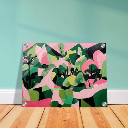 "An abstract painting filled with organic green and pink shapes, resembling a vibrant landscape of rolling hills and trees in a surreal, geometric style."