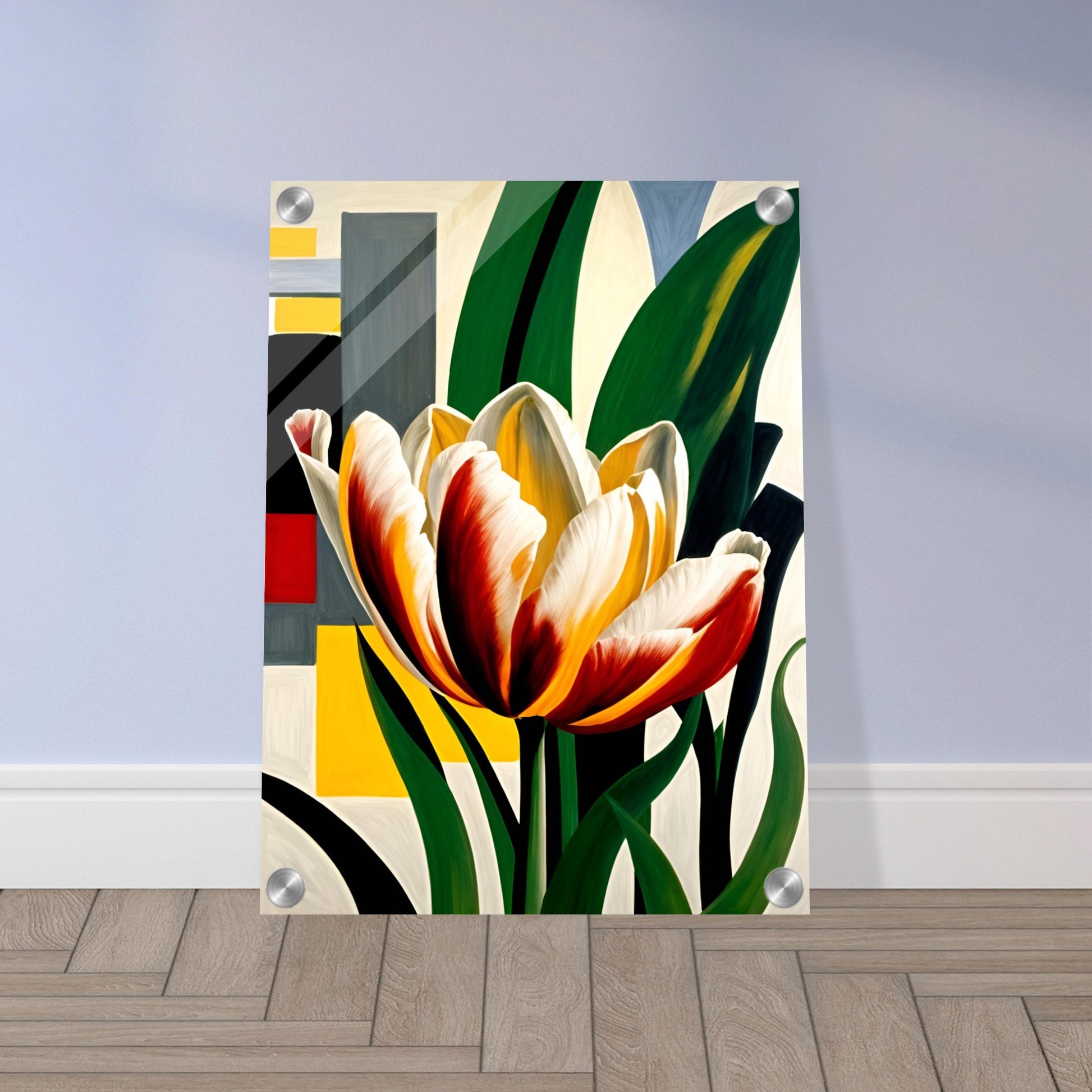 A striking tulip with red, yellow, and white petals set against a bold geometric background, blending nature with modern design.