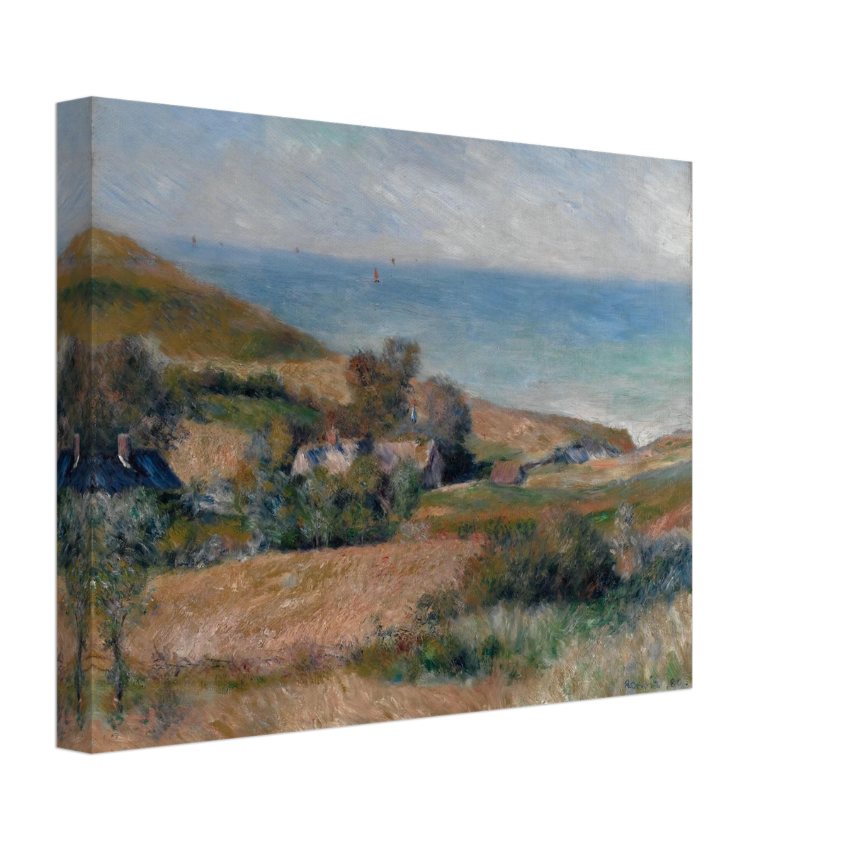 A Normandy coast with grassy fields, cottages, and a calm blue sea beneath a pale sky.
