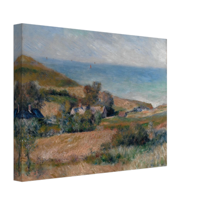 A Normandy coast with grassy fields, cottages, and a calm blue sea beneath a pale sky.