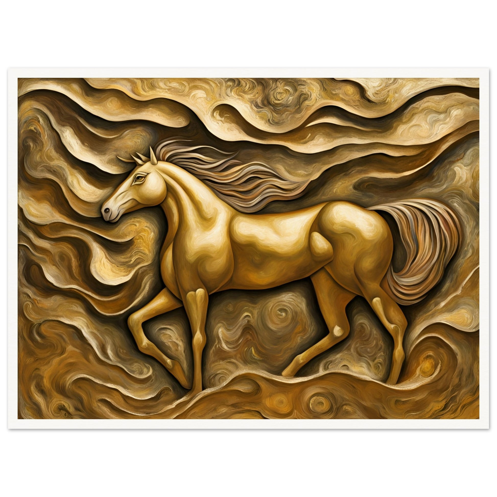 A golden horse runs through swirling, textured waves of gold and brown, embodying strength and motion with a dreamlike elegance.