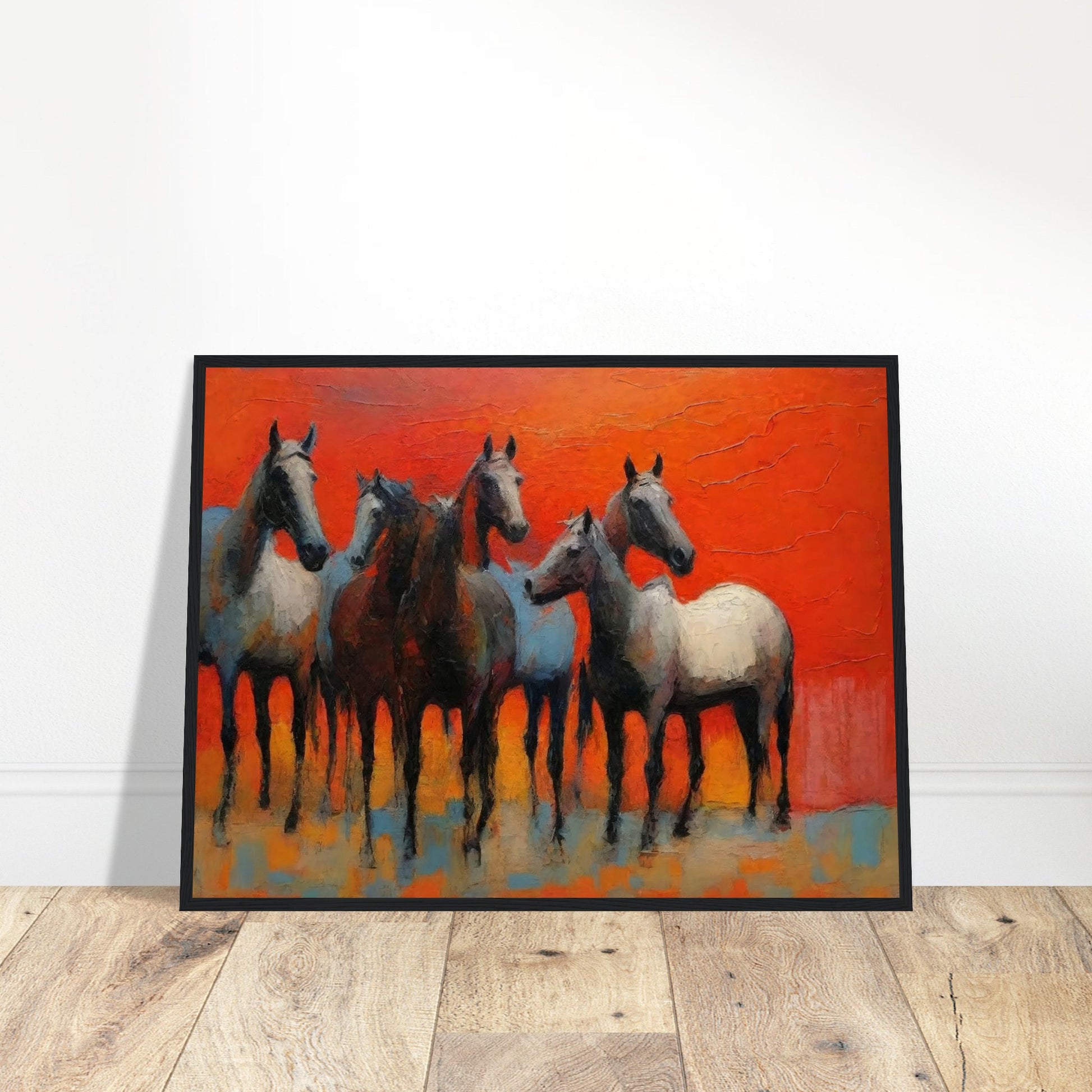 A stunning painting of a group of horses standing together against a vibrant red-orange background, showcasing their grace and strength.