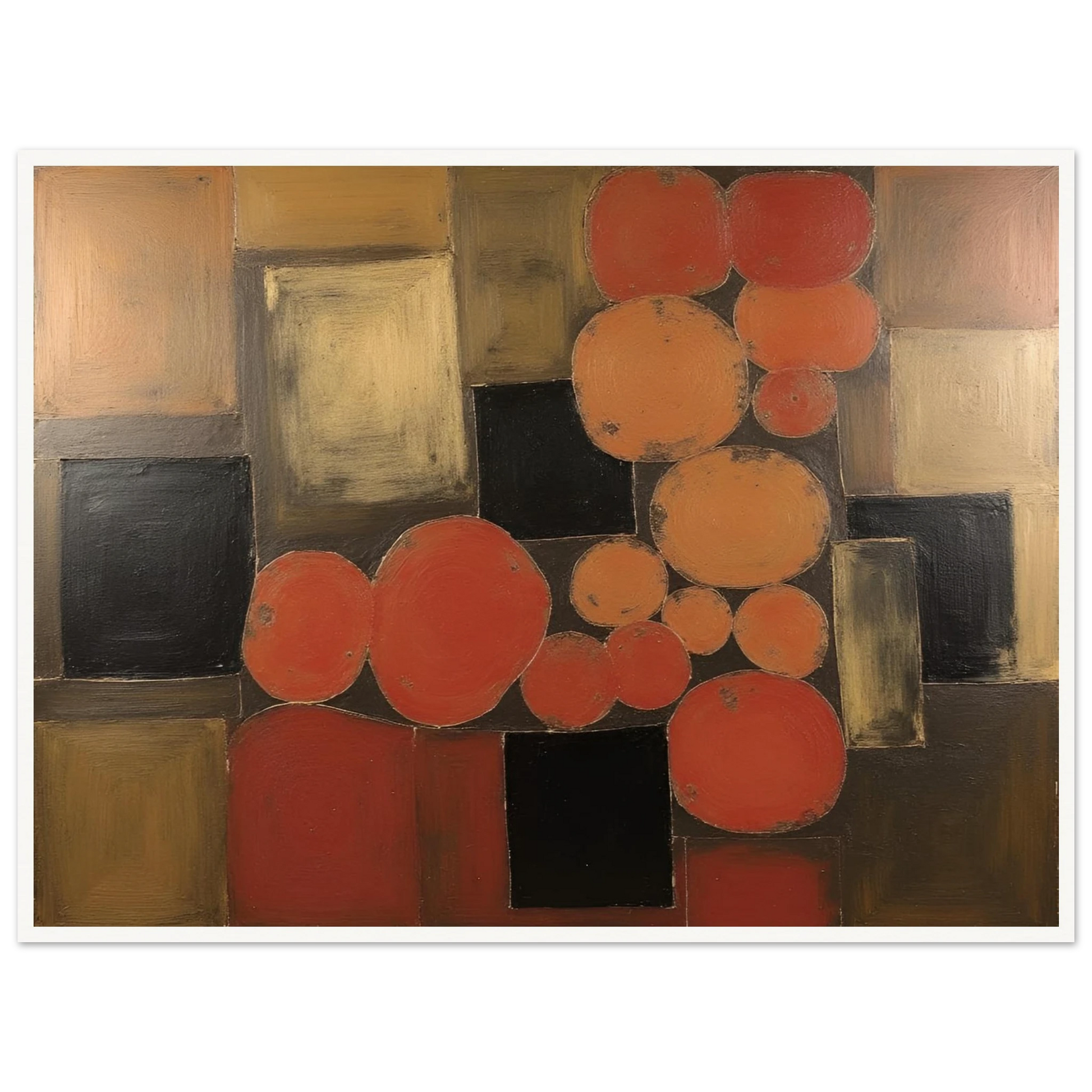 Warm orange and brown circles overlap dark squares in a geometric field, creating a rhythmic balance of earth tones and light.